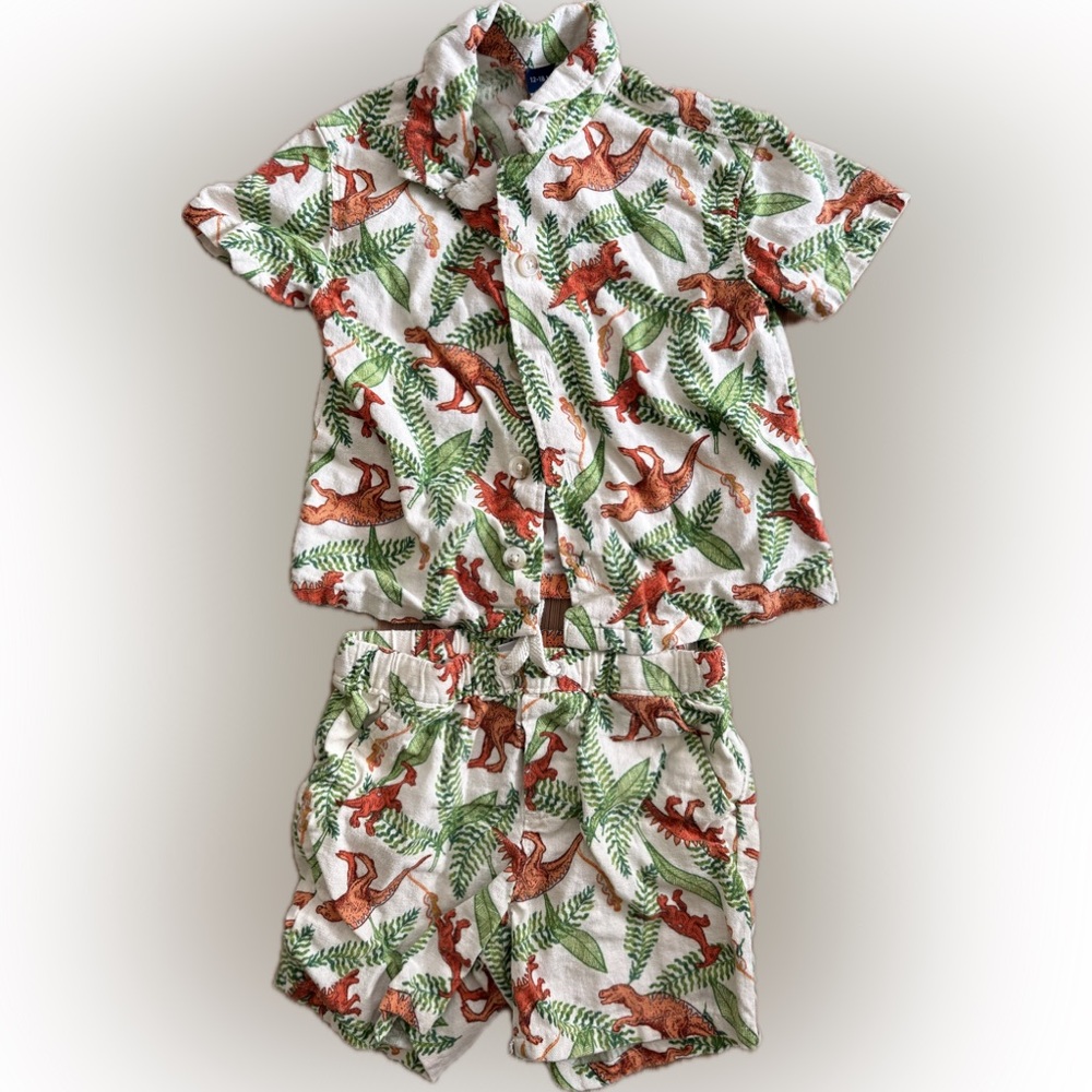 Old Navy White Button-Up Set with Green Ferns and Rust Dinosaurs